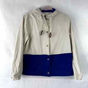 J Crew Hooded Canvas Jacket Color Block Tan Blue Womens Size Small